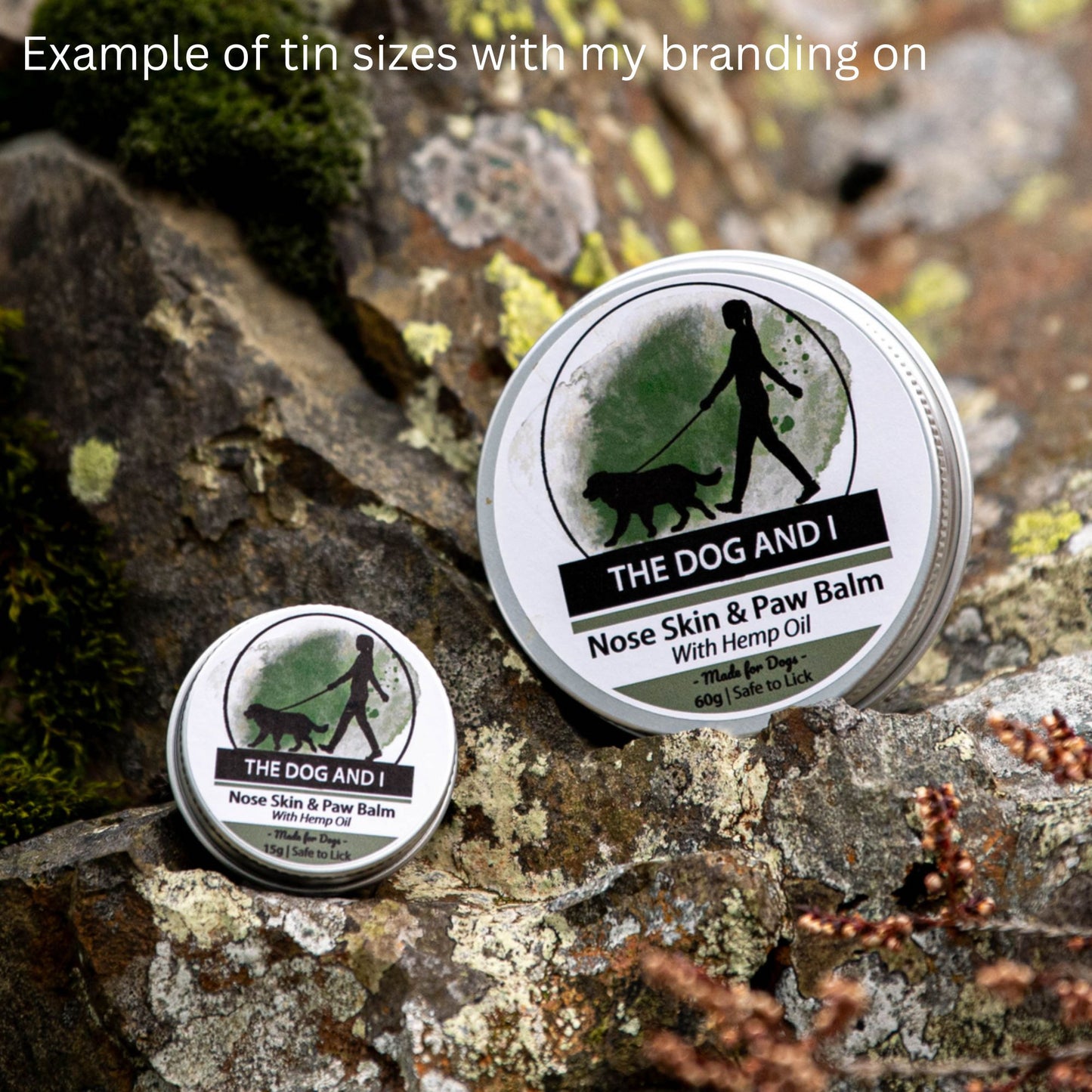 Two tins of 'The Dog and I' nose skin & paw balm on a natural background