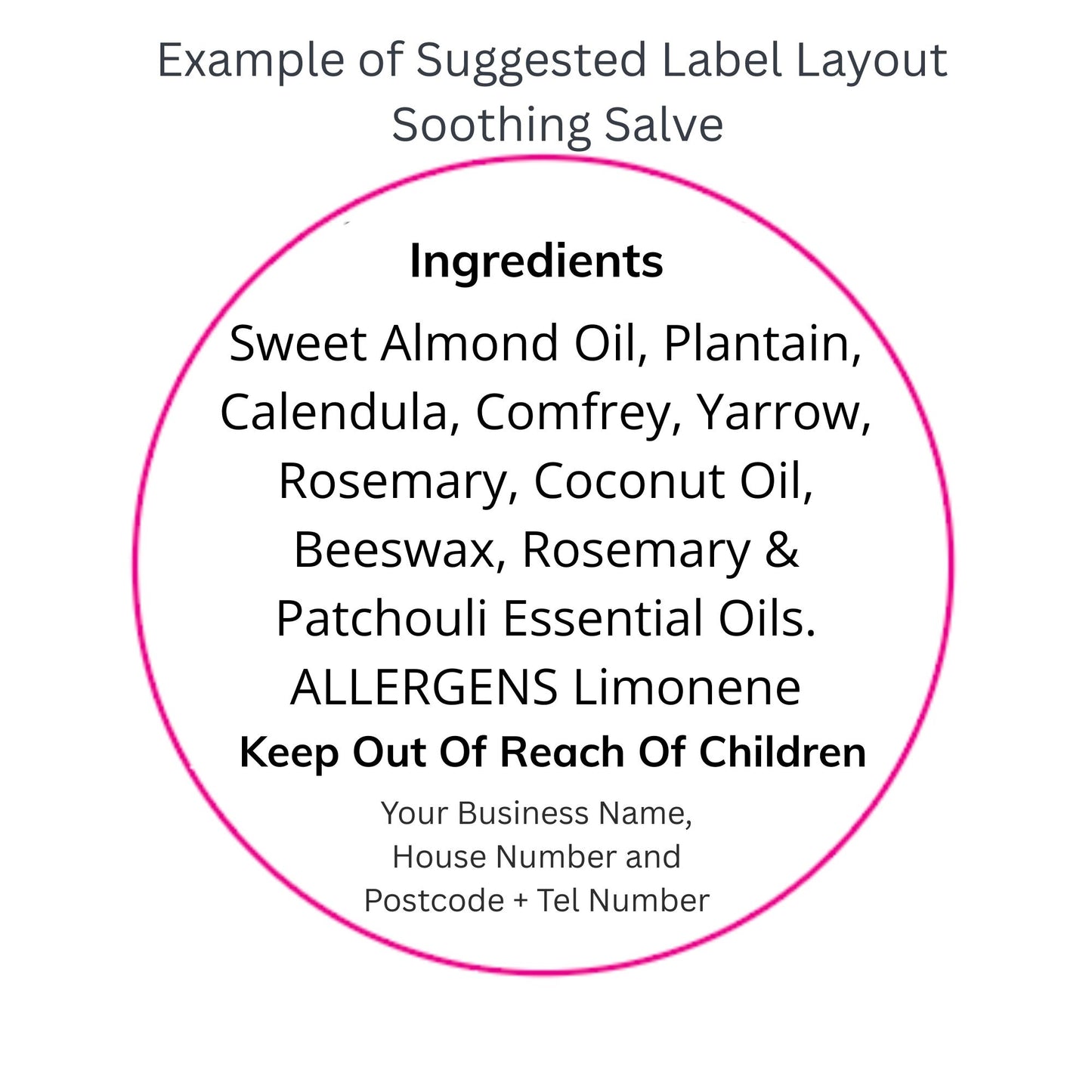 Suggested label layout for a soothing dog salve with ingredients and safety instructions.