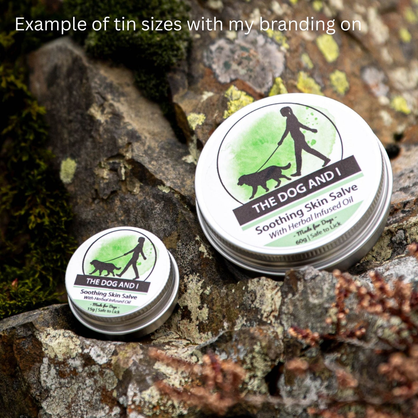 Two tins of 'The Dog And I' Soothing Skin Salve on a natural rock background