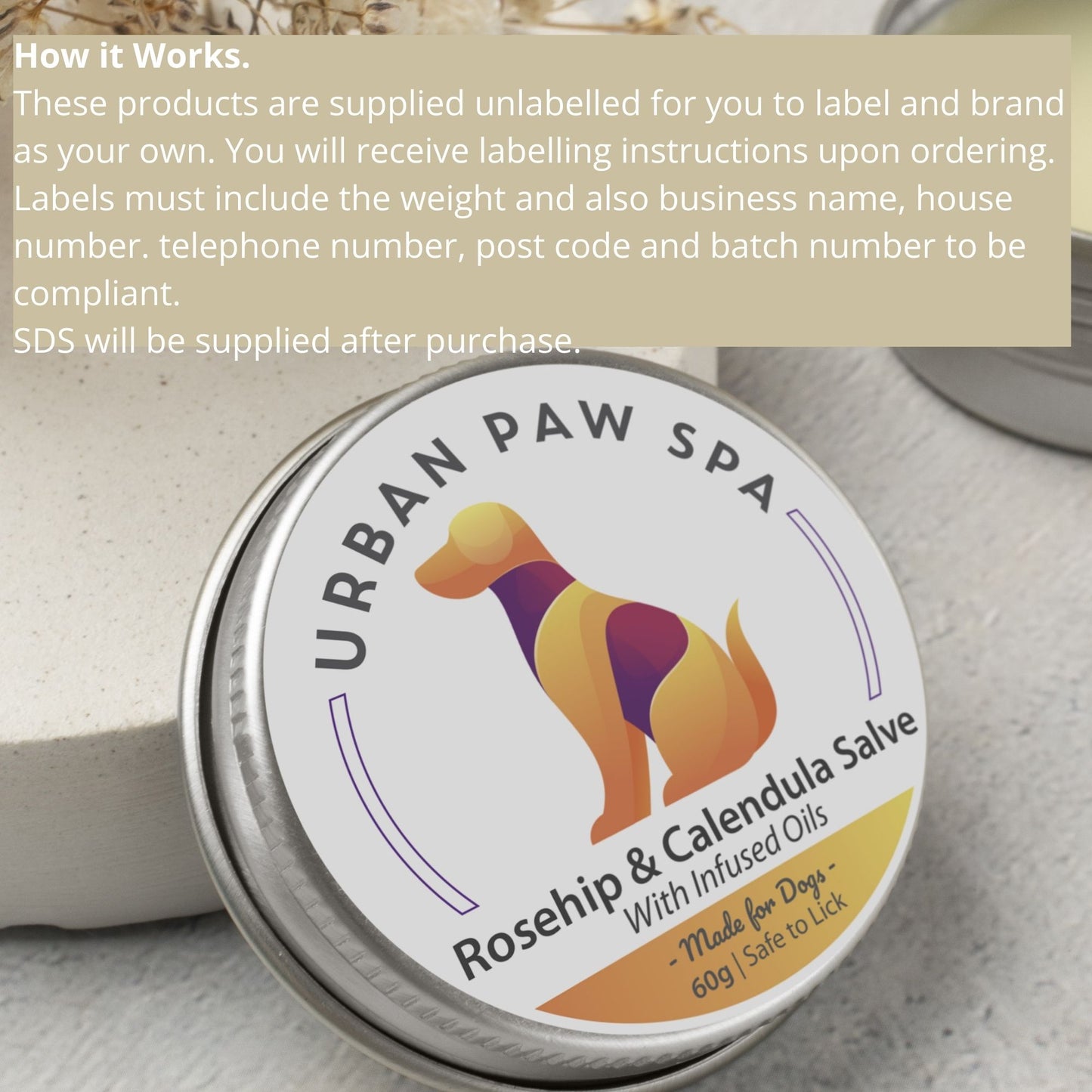 Tin labeled 'Urban Paw Spa' with a dog illustration on a textured surface. Example of a white label product