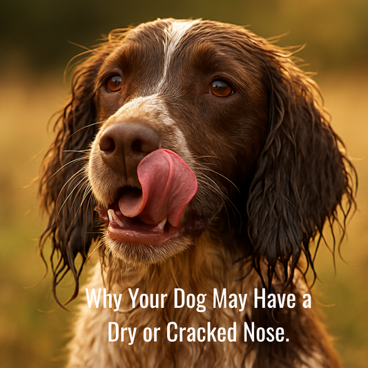 A photograph of a spaniel licking it's nose