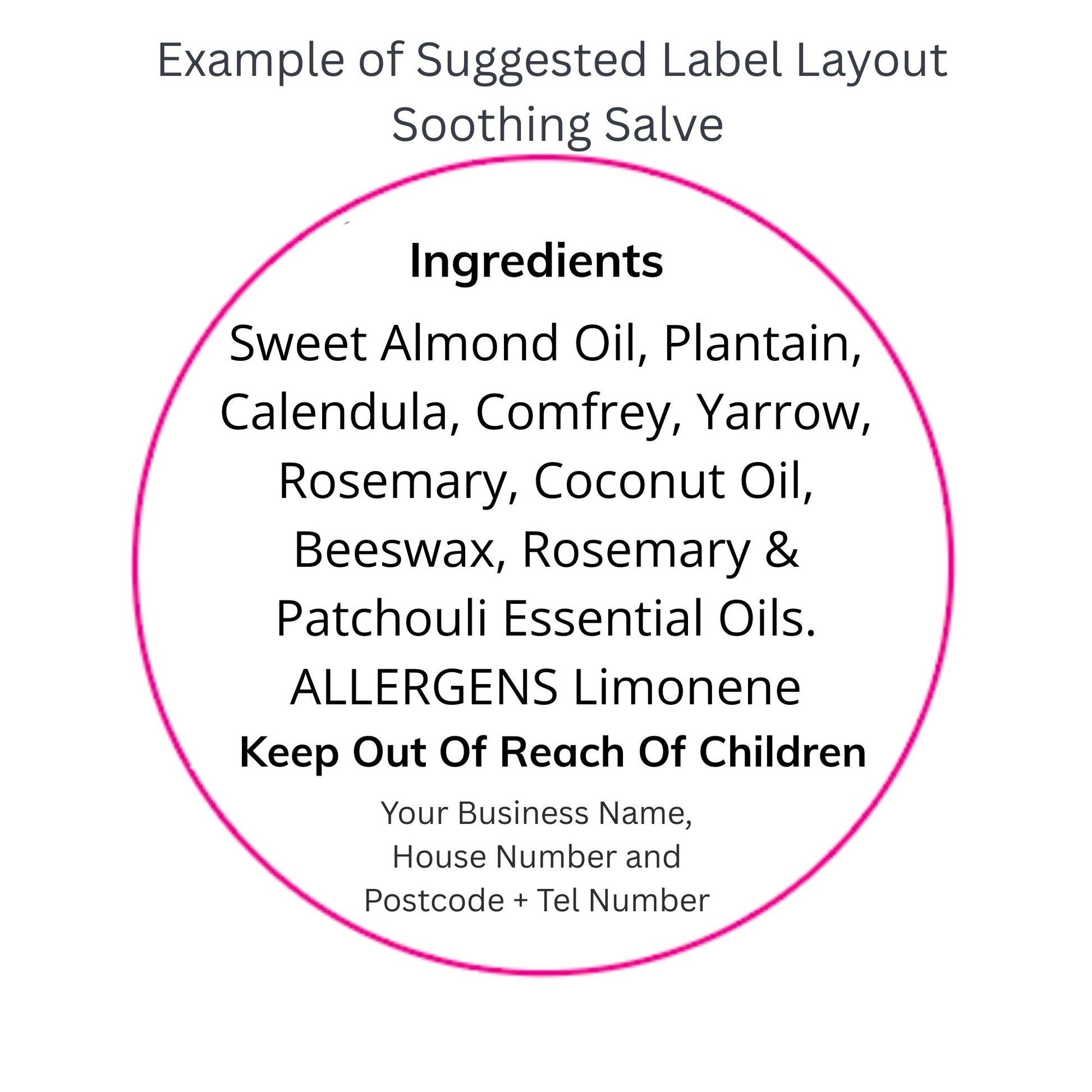 Suggested label layout for a soothing dog salve with ingredients and safety instructions.