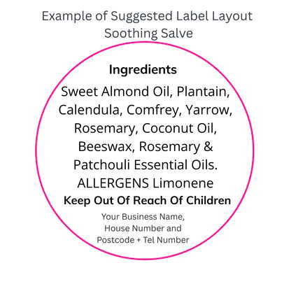 Suggested label layout for a soothing dog salve with ingredients and safety instructions.