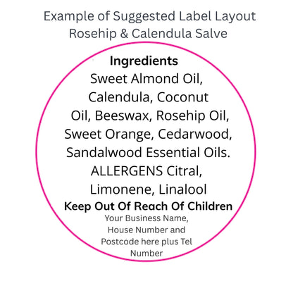 Suggested label layout for Rosehip & Calendula Salve with ingredients and allergens listed.