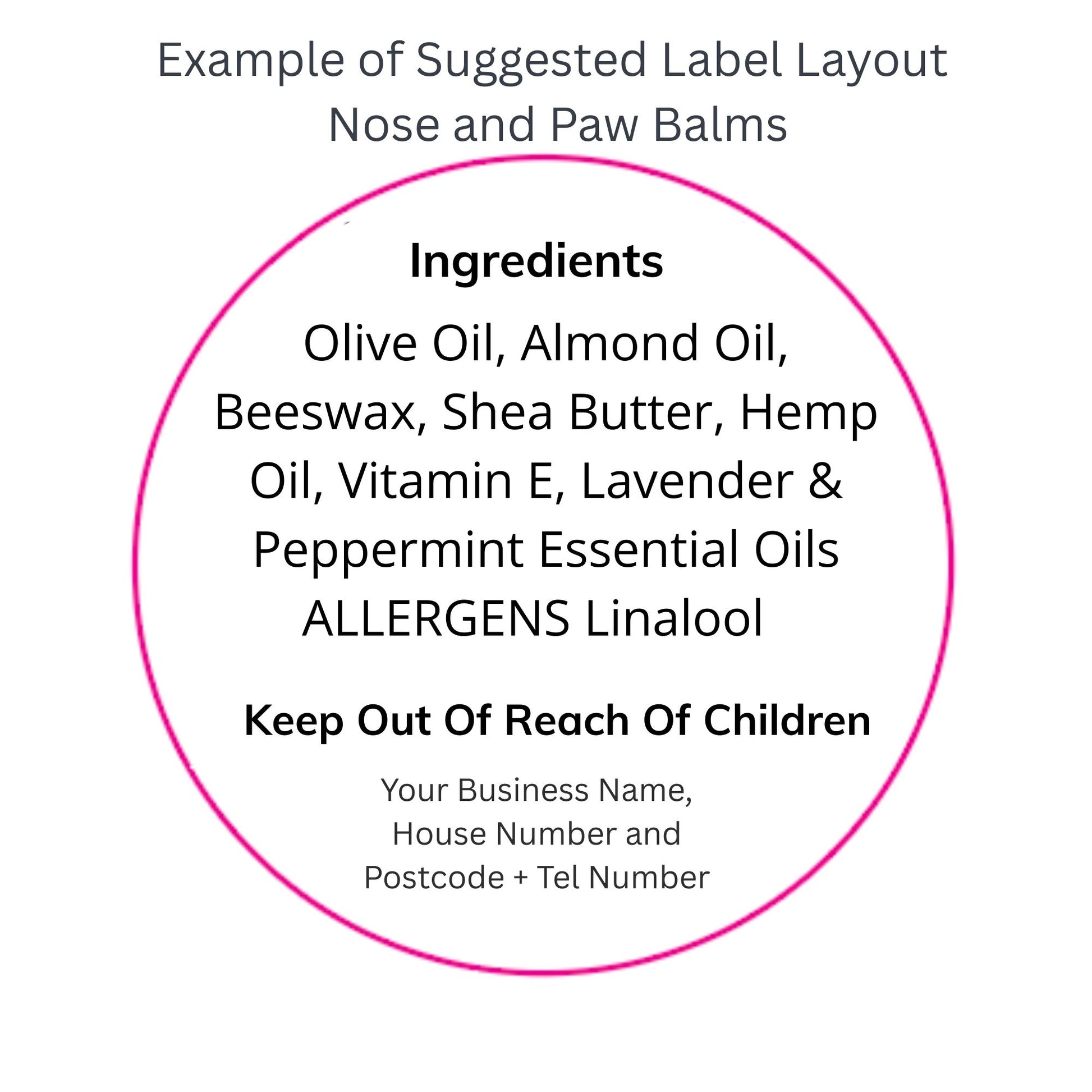 Example of a label layout for nose and paw balms with ingredients and allergen information.