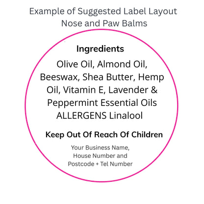 Example of a label layout for nose and paw balms with ingredients and allergen information.