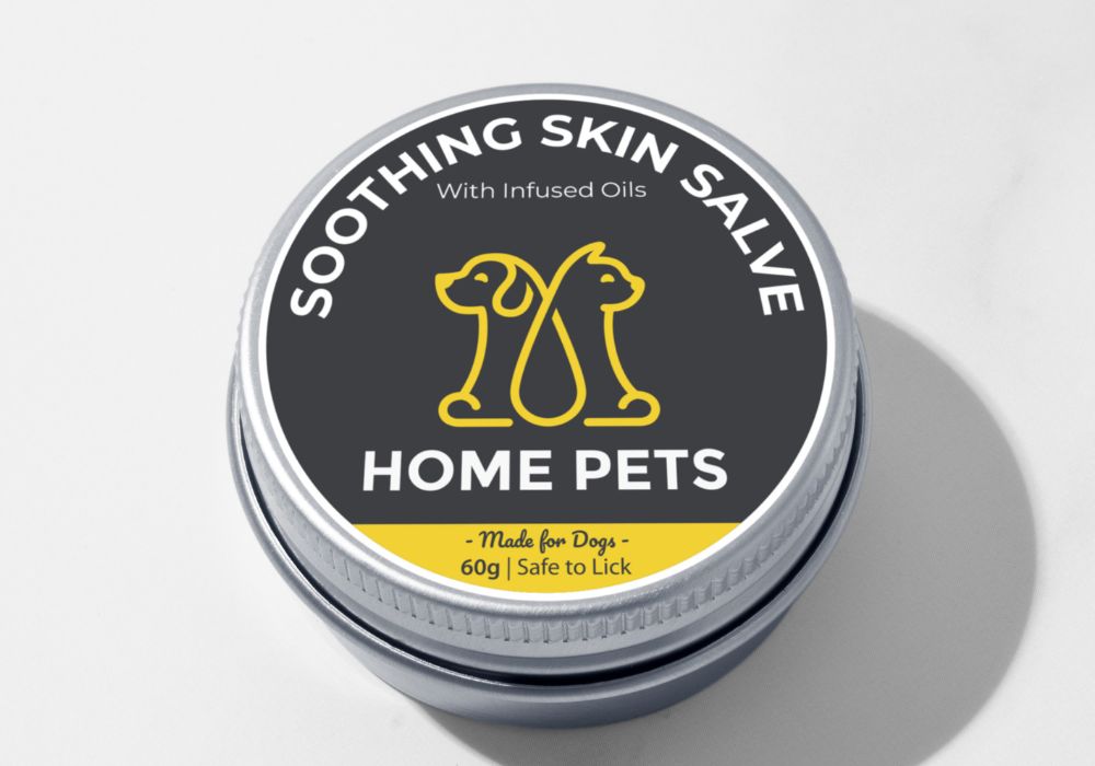 Image of a tin of skin salve for dogs with a mock up image of what it may look like with different branding on