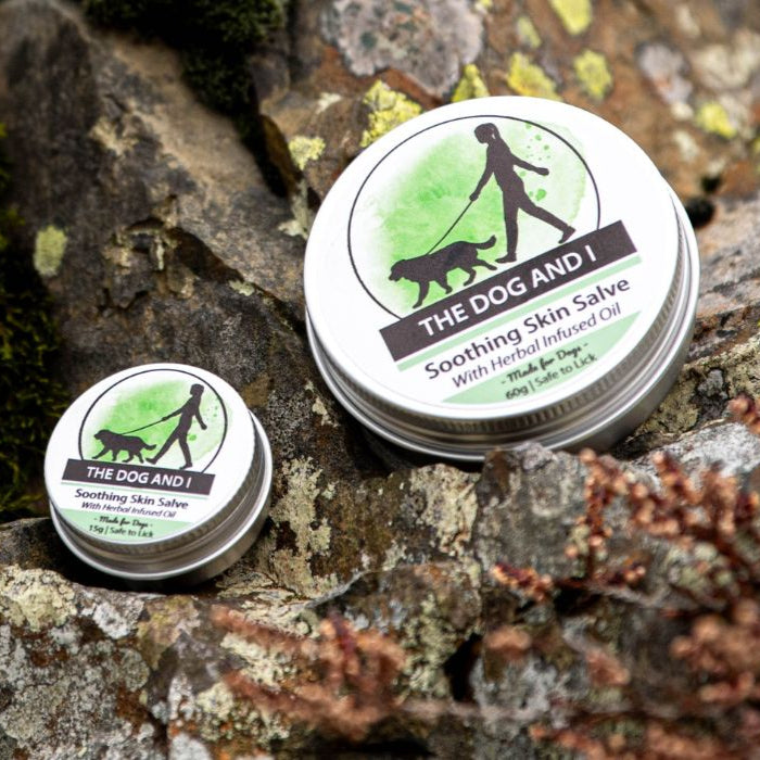 A photograph of 2 different sizes of The Dog and I branded Soothing Skin Salve balanced on a rocky outcrop