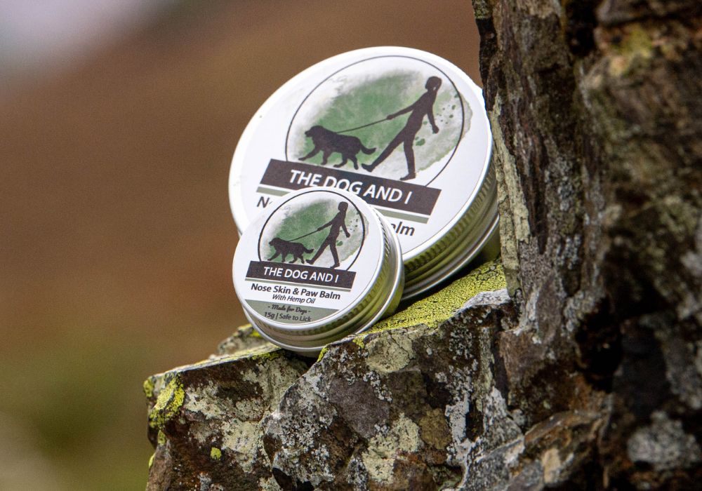 A photograph of 2 different sizes of The Dog and I branded nose, skin and paw balm balanced on a rocky outcrop