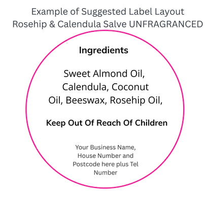 Suggested label layout for a rosehip and calendula salve product on a white background.