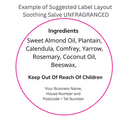 Example of a label layout for a dog soothing salve with ingredients and safety instructions.