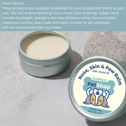 Nose, Skin & Paw Balm container with label on a textured surface. Is an example of own label nose and paw balms