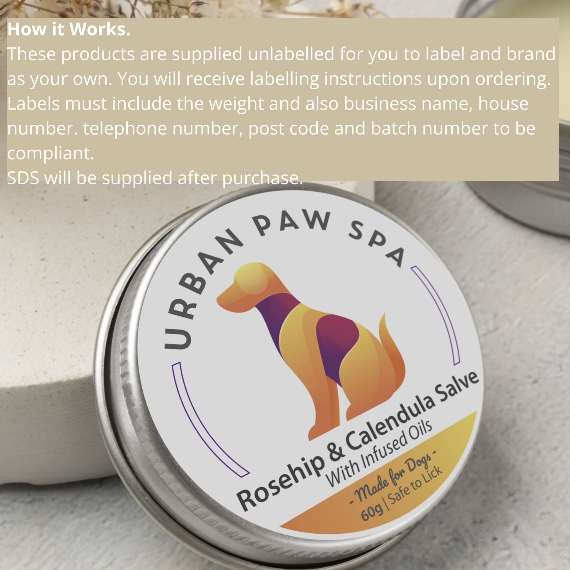 Tin labeled 'Urban Paw Spa' with a dog illustration on a textured surface. Example of a white label product