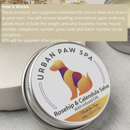 Tin labeled 'Urban Paw Spa' with a dog illustration on a textured surface. Example of a white label product