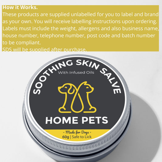 Tin of 'Home Pets' soothing skin salve for dogs with label details on a white  background - example white label