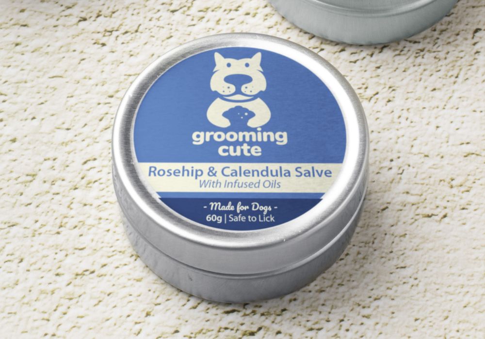 Image of a tin of skin salve for dogs with a mock up image of what it may look like with different branding on